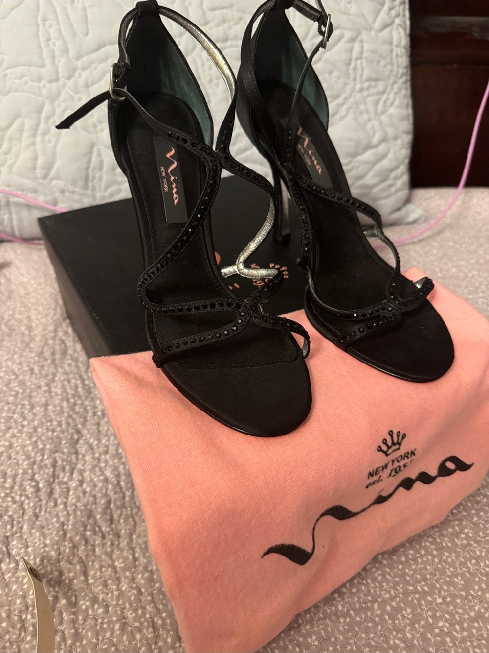 Nina Black Crystal-Embellished Strappy Stilettos